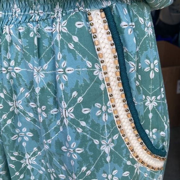 Skemo Turquoise Aqua Bohemian Beachy Beaded Strapless Smocked Blouson Jumpsuit M - Picture 8 of 10